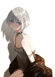 Rule 34 | 1girl, bare shoulders, black choker, black jacket, blunt bangs, breasts, camisole, choker, cleavage, closed mouth, collarbone, cross, ear piercing, grey hair, hair ornament, hairclip, highres, jacket, looking at viewer, mole, mole under eye, open clothes, open jacket, original, phantania, piercing, purple eyes, short hair, simple background, sitting, small breasts, smile, solo, strap slip, unzipped, white background