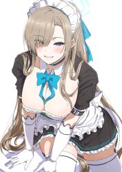 Rule 34 | 1girl, apron, asuna (blue archive), black choker, blue archive, blue bow, blue eyes, bow, breasts, choker, cleavage, detached collar, dress, gloves, hair over one eye, halo, highres, large breasts, light brown hair, long hair, looking at viewer, maid, maid apron, maid headdress, misaki nonaka, mole, mole on breast, sitting, smile, solo, thighhighs, very long hair, white gloves