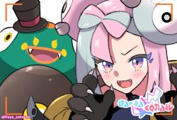 Rule 34 | 1girl, :d, animal hands, bellibolt, blush, bow-shaped hair, character hair ornament, clothed pokemon, commentary request, creatures (company), fangs, game freak, gloves, green hair, hair ornament, hat, iono (pokemon), jacket, multicolored hair, nintendo, open mouth, paw gloves, pink hair, pokemon, pokemon (creature), pokemon sv, purple eyes, satouno maya, shirt, smile, teeth, tongue, two-tone hair, upper teeth only, yellow eyes, yellow jacket