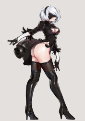 Rule 34 | 1girl, absurdres, ass, black dress, black gloves, black hairband, black thighhighs, blindfold, boots, breasts, cleavage, dress, feather-trimmed sleeves, full body, gloves, grey background, hairband, high heel boots, high heels, highleg, highleg leotard, highres, juliet sleeves, leotard, long sleeves, mole, mole under mouth, nier (series), nier:automata, puffy sleeves, shiny clothes, short hair, skirt, solo, standing, thigh boots, thighhighs, thighs, white hair, wwonie, 2b (nier:automata)