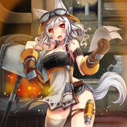 Rule 34 | 1girl, :d, animal ears, arm strap, blush, breasts, cleavage, fang, fangs, fox ears, fox tail, gloves, goggles, goggles on head, hammer, juke, large breasts, looking at viewer, open mouth, orange eyes, original, short hair, smile, solo, tail, thigh strap, white hair, wrench