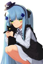 Rule 34 | 1girl, :3, absurdres, animal, apron, black apron, black bow, black cat, blue hair, blush, bow, cat, closed mouth, dress, facial mark, feet out of frame, girls&#039; frontline, green eyes, hair bow, hair ornament, hairband, hat, highres, hk416 (black kitty&#039;s gift) (girls&#039; frontline), hk416 (girls&#039; frontline), holding, holding animal, holding cat, klaius, long hair, long sleeves, looking at viewer, mini hat, mini top hat, official alternate costume, purple headwear, simple background, smile, solo, squatting, top hat, twintails, very long hair, white background, white dress