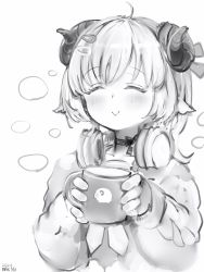 Rule 34 | 1girl, :&gt;, blush, choker, closed eyes, cup, curled horns, dated, fingernails, greyscale, hair ornament, hairclip, headphones, headphones around neck, highres, holding, holding cup, hololive, horns, jacket, long sleeves, monochrome, nanashi (nlo), smile, solo, tsunomaki watame, tsunomaki watame (street casual), virtual youtuber
