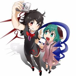 Rule 34 | 2girls, animal ears, arm up, asymmetrical wings, bad id, bad twitter id, black dress, black hair, bow, camera, doroame (ameyu), dress, from above, full body, green eyes, green hair, houjuu nue, kasodani kyouko, long sleeves, looking at another, multiple girls, open mouth, pink dress, red eyes, selfie, shade, short hair, short sleeves, simple background, smile, socks, taking picture, teeth, thighhighs, touhou, v, white background, wings