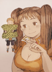 Rule 34 | 1boy, 1girl, blush, breasts, brown eyes, brown hair, cleavage, closed mouth, commentary request, diane (nanatsu no taizai), giant, giantess, hugging object, king (nanatsu no taizai), leotard, long hair, maeka (kumaekake), medium breasts, medium hair, nanatsu no taizai, orange leotard, pillow, pillow hug, short hair, simple background, smile, twintails