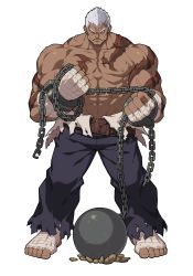 Rule 34 | 1boy, absurdres, bandages, chain, dark skin, desert mercenary marvin, full body, game cg, guardian tales, hand wraps, highres, looking at viewer, muscular, official art, pants, scar, scar on face, short hair, standing, tattoo, topless male, torn clothes, torn legwear, transparent background, white hair
