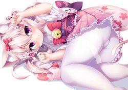 Rule 34 | 1girl, :o, animal ears, arm up, ass, azur lane, bell, blush, bow, cat ears, cat girl, cat tail, commentary request, fingernails, floral print, flower, frilled kimono, frills, fur collar, hair between eyes, hair bow, hair flower, hair ornament, hand up, japanese clothes, jingle bell, kimono, kisaragi (azur lane), kisaragi (new year&#039;s wish) (azur lane), long hair, long sleeves, looking at viewer, lying, obi, on side, pantyhose, parted lips, pink flower, pink hair, pink kimono, print kimono, purple eyes, red bow, sash, simple background, solo, tail, tatuyayosi, thighband pantyhose, two side up, white background, white pantyhose, wide sleeves