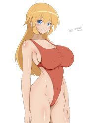 Rule 34 | 1girl, absurdres, blonde hair, blue eyes, blush, breasts, charlotte e. yeager, cleavage, covered navel, dated, highres, large breasts, long hair, looking at viewer, one-piece swimsuit, red one-piece swimsuit, signature, simple background, solo, strike witches, swimsuit, unkai daraku, white background, world witches series