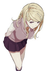 Rule 34 | 1girl, absurdres, akamatsu kaede, arms behind back, black skirt, blonde hair, closed mouth, commentary request, danganronpa (series), feet out of frame, fortissimo, hair ornament, hairclip, highres, leaning forward, long hair, long sleeves, looking at viewer, musical note, musical note hair ornament, necktie, pink sweater vest, pleated skirt, purple eyes, raimone26, red necktie, school uniform, shirt, simple background, skirt, smile, solo, sweater vest, white background, white shirt