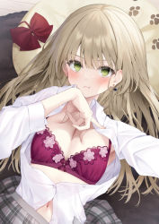 Rule 34 | 1girl, :t, blush, bow, bow bra, bowtie, bra, breasts, brown hair, closed mouth, collared shirt, commentary request, dress shirt, earrings, green eyes, grey skirt, hand on own chest, hand up, highres, jewelry, long hair, long sleeves, looking at viewer, lying, navel, navy (navy.blue), on back, open clothes, open shirt, original, partially unbuttoned, plaid, plaid skirt, pout, purple bra, red bow, red bowtie, school uniform, shirt, skirt, small breasts, solo, unbuttoned, unbuttoned shirt, underwear, upper body, v-shaped eyebrows, very long hair, white shirt