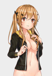 Rule 34 | 1girl, :3, absurdres, black bow, bow, breasts, brown hair, closed mouth, collarbone, fang, fang out, girls&#039; frontline, grey background, groin, hair between eyes, hair bow, hair ornament, hairclip, hand in own hair, head tilt, highres, jacket, long hair, long sleeves, medium breasts, navel, no bra, open clothes, open jacket, orange hair, out-of-frame censoring, scar, scar across eye, scar on face, simple background, solo, twintails, ump9 (girls&#039; frontline), zarsy