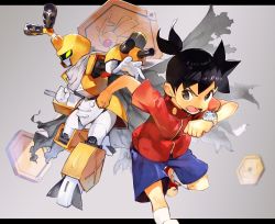 Rule 34 | 1boy, black hair, blue shorts, bug, cannon, cape, clenched hand, clenched hands, commentary request, glowing, glowing eyes, green eyes, grey background, grey eyes, gun, humanoid robot, bug, joints, leaning forward, leg up, letterboxed, looking to the side, mecha, medal, medarot, metabee, open hand, open mouth, ponytail, red shirt, robot, scarf, shirt, shoes, short ponytail, short sleeves, shorts, simple background, sneakers, teeth, tenryou ikki, toridamono, turret, watch, weapon, white background, wristwatch