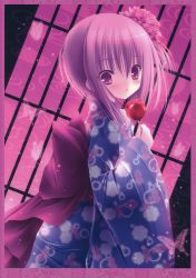 Rule 34 | 10s, 1girl, :o, absurdres, blush, bug, butterfly, candy apple, child, female focus, flower, food, hair flower, hair ornament, highres, insect, japanese clothes, kimono, looking at viewer, minato tomoka, obi, open mouth, purple eyes, purple hair, rou-kyuu-bu!, sash, short hair, solo, tinker bell (pixiv 10956015), yukata