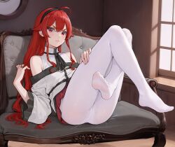 Rule 34 | 1girl, ahoge, armchair, ass, bare shoulders, black hairband, chair, closed mouth, clothing cutout, crossed legs, eris greyrat, feet, foot focus, full body, hairband, haoyihe, highres, jewelry, legs, long hair, looking at viewer, microskirt, mushoku tensei, no shoes, on chair, panties, panties under pantyhose, pantyhose, red eyes, red hair, red skirt, ring, shirt, shoulder cutout, sitting, skirt, soles, solo, spread toes, toes, underwear, v-shaped eyebrows, white panties, white pantyhose, white shirt, window