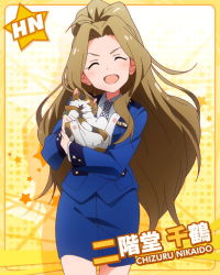 Rule 34 | 10s, ^ ^, cat, character name, closed eyes, closed eyes, idolmaster, idolmaster million live!, long hair, nikaidou chizuru, official art, open mouth, police, police uniform, ponytail, smile, solo, uniform, very long hair