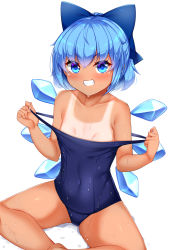 Rule 34 | 1girl, bare arms, bare shoulders, blue bow, blue eyes, blue hair, blue one-piece swimsuit, blush, bow, cirno, collarbone, commentary, covered navel, daichi (tokoya), flat chest, grin, hair bow, highres, ice, ice wings, looking at viewer, one-piece swimsuit, short hair, simple background, sitting, smile, solo, sweat, swimsuit, tan, tanline, tanned cirno, thighs, touhou, white background, wings