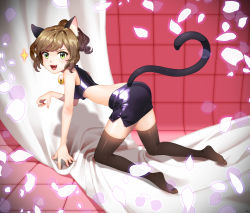 Rule 34 | 10s, 1girl, all fours, animal ears, bad id, bad pixiv id, bare shoulders, bell, neck bell, brown hair, cat ears, cat tail, clinexgrim, collar, fang, green eyes, highres, idolmaster, idolmaster cinderella girls, long hair, maekawa miku, midriff, petals, ponytail, skirt, solo, tail, thighhighs
