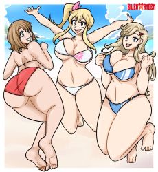 Rule 34 | 3girls, absurdres, alternate universe, ass, back, bare shoulders, barefoot, beach, bikini, blonde hair, blue eyes, breasts, brown eyes, brown hair, cleavage cutout, clothing cutout, crossover, eden&#039;s zero, elie, fairy tail, happy, heroes, highres, huge ass, huge breasts, jumping, large breasts, long hair, looking at viewer, looking back, lucy heartfilia, midriff, multiple girls, navel, official alternate costume, orange eyes, rave, rebecca bluegarden, short hair, smile, swimsuit, tagme, teeth, thick thighs, thighs, wide hips