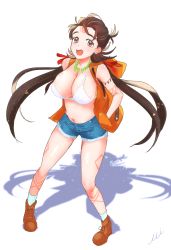 Rule 34 | 1girl, :d, bead necklace, beads, bikini, blue shorts, body markings, boots, breasts, brown eyes, brown footwear, brown hair, cleavage, commentary request, cutoff jeans, cutoffs, facial mark, fate/grand order, fate (series), forehead mark, hands in pockets, heroic spirit tour outfit, highres, himiko (fate), himiko (tour outfit) (fate), hood, hood down, hooded vest, hoodie, jewelry, large breasts, long hair, low twintails, magatama, magatama necklace, mi (user cfhn8773), navel, necklace, open clothes, open mouth, open vest, orange vest, shadow, shorts, smile, socks, solo, swimsuit, twintails, very long hair, vest, white background, white bikini, white socks