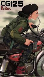 Rule 34 | 1girl, absurdres, assault rifle, black hair, camouflage, daewoo k1, flask, gun, hat, highres, holding, holding gun, holding weapon, honda, honda cg125, jacket, military, military hat, military jacket, military uniform, motor vehicle, motorcycle, nike (company), on motorcycle, original, product placement, riding, rifle, rifleman1130, sheath, short hair, solo, uniform, weapon, woodland camouflage