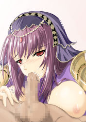 Rule 34 | 1girl, blush, breasts, censored, cum, cum in mouth, fate/grand order, fate (series), fellatio, large breasts, long hair, md5 mismatch, mosaic censoring, nipples, oral, penis, purple hair, red eyes, scathach (fate), scathach (fate), solo focus, veil, yuuk33
