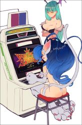 Rule 34 | 2girls, animal hands, aqua hair, arcade cabinet, ass, astro city, black border, blue eyes, blue hair, border, breasts, cat tail, cleavage, commentary request, felicia (vampire), head wings, kazeto, long hair, morrigan aensland, multiple girls, playing games, simple background, tail, tongue, tongue out, unamused, vampire (game), vampire savior: the lord of vampire, white background, wings, yellow eyes