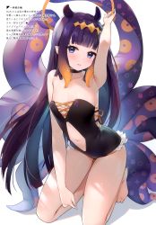 Rule 34 | 1girl, absurdres, arm up, ayamy, bare shoulders, barefoot, blue eyes, blush, clothing cutout, collarbone, flat chest, frills, highres, hololive, hololive english, kneeling, looking at viewer, mole, mole under eye, navel, navel cutout, ninomae ina&#039;nis, one-piece swimsuit, pointy ears, purple hair, scan, simple background, smile, solo, stomach, strapless, swimsuit, thighs, toes, virtual youtuber