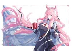 Rule 34 | 1girl, absurdres, animal ears, arknights, black dress, breasts, commentary request, cowboy shot, cup, dress, hairband, highres, holding, holding cup, long hair, long sleeves, looking at viewer, medium breasts, pink eyes, pink hair, pozyomka (arknights), pozyomka (snowy plains in words) (arknights), smile, solo, standing, unitaka, very long hair, white background, white hairband, wolf ears