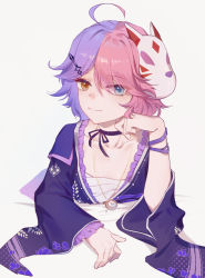 Rule 34 | 1girl, benghuai xueyuan, choker, closed mouth, fox mask, grey background, hair ornament, hairpin, hand on own cheek, hand on own face, heterochromia, highres, honkai (series), japanese clothes, kimono, looking at viewer, mask, multicolored hair, purple choker, purple eyes, purple hair, purple kimono, sarashi, short hair, silence (pixiv18541142), simple background, sin mal (benghuai xueyuan), smile, solo, split-color hair, two-tone hair, yellow eyes