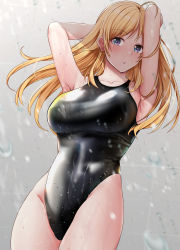 Rule 34 | 1girl, aga marino, ahoge, armpits, arms behind head, black one-piece swimsuit, blonde hair, blue eyes, breasts, collarbone, commentary request, competition swimsuit, cowboy shot, hachimiya meguru, highleg, highleg swimsuit, idolmaster, idolmaster shiny colors, large breasts, one-piece swimsuit, solo, swimsuit, wet, wet clothes, wet swimsuit