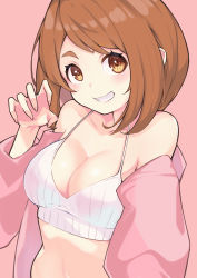 Rule 34 | 1girl, absurdres, bare shoulders, blush, bob cut, boku no hero academia, bra, breasts, brown eyes, brown hair, claw pose, cleavage, eyelashes, fingernails, grin, hand up, highres, itou kazuki, looking at viewer, off shoulder, open clothes, open shirt, outstretched arm, pink background, pink shirt, shirt, short hair, simple background, smile, solo, swept bangs, underwear, upper body, uraraka ochako, white bra