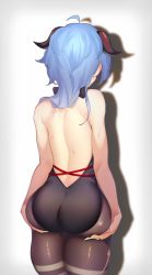 Rule 34 | 1girl, absurdres, ahoge, artist request, ass, ass grab, ass support, backless leotard, bare back, bare shoulders, black pantyhose, blue hair, bodysuit, deep skin, from behind, ganyu (genshin impact), genshin impact, gradient background, grey background, highres, horns, huge ass, leotard, long hair, looking away, pantyhose, shadow, shiny clothes, shiny skin, simple background, solo, sweat, white background