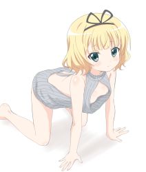Rule 34 | 1girl, all fours, aqua eyes, backless outfit, bare arms, black hairband, blonde hair, blunt bangs, blush stickers, breasts, cleavage cutout, closed mouth, clothing cutout, commentary request, dress, full body, gochuumon wa usagi desu ka?, grey sweater, hairband, kirima syaro, looking at viewer, meme attire, naked sweater, nipples, ribbed sweater, shadow, short hair, simple background, sincos, sleeveless, sleeveless turtleneck, small breasts, solo, sweater, sweater dress, turtleneck, turtleneck sweater, virgin killer sweater, wavy hair, white background