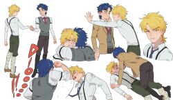 Rule 34 | 2boys, absurdres, against wall, aged down, blonde hair, blood, blue eyes, blue hair, blush, boy on top, brown jacket, bruise, bruise on face, commentary, crying, crying with eyes open, dio brando, eye contact, face-to-face, face punch, full body, green pants, highres, holding hands, honlo, hug, in the face, injury, jacket, jojo no kimyou na bouken, jonathan joestar, long sleeves, looking at another, lying, male focus, multiple boys, nervous, nosebleed, on back, pants, phantom blood, punching, shirt, shoes, short hair, smile, suspenders, tears, vest, white background, white shirt, yaoi, yellow eyes