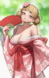 Rule 34 | 1girl, :o, absurdres, bags under eyes, blonde hair, blurry, blurry background, boku no hero academia, breasts, cleavage, cowboy shot, double bun, flower, hair bun, hair flower, hair ornament, hand fan, head tilt, highres, holding, holding fan, japanese clothes, kimono, large breasts, lentiyay, looking at viewer, messy hair, obi, pink kimono, red sash, sash, solo, standing, sweat, thick eyebrows, toga himiko, yellow eyes, yukata