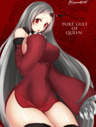 Rule 34 | 10s, 1girl, abyssal ship, alternate hair color, alternate skin color, bare shoulders, black thighhighs, blush, breasts, claws, curvy, detached sleeves, dress, english text, engrish text, female focus, french text, highres, horns, kantai collection, large breasts, long hair, looking at viewer, open mouth, ranguage, red eyes, ribbed dress, sakiryo kanna, seaport princess, short dress, sideboob, silver hair, single horn, solo, thick thighs, thighhighs, thighs, very long hair, wide hips