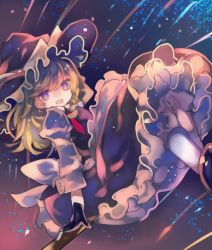 Rule 34 | 1girl, blonde hair, blue eyes, bow, braid, broom, broom riding, cha goma, hair bow, hat, hat bow, kirisame marisa, night, night sky, open mouth, sash, side braid, sky, solo, touhou, witch hat