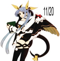 Rule 34 | 1girl, 8055, :d, ass, asymmetrical wings, bare shoulders, black eyes, black thighhighs, blue hair, book, bow, dated, dizzy (guilty gear), feathered wings, guilty gear, hair ribbon, hair rings, holding, holding book, long hair, long sleeves, open mouth, red bow, ribbon, short shorts, shorts, skindentation, smile, solo, tail, tail ornament, tail ribbon, thighhighs, twintails, wings
