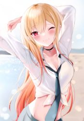 Rule 34 | 1girl, arm behind head, arms up, beach, black choker, blonde hair, blue necktie, blue skirt, blush, breasts, choker, cleavage, closed mouth, colored tips, hair between eyes, highres, kitagawa marin, large breasts, long hair, looking at viewer, maru ccy, miniskirt, multicolored hair, nail polish, necktie, ocean, one eye closed, outdoors, pink hair, pink nails, pleated skirt, red eyes, school uniform, shirt, skirt, solo, sono bisque doll wa koi wo suru, stomach, tied shirt, two-tone hair, very long hair, white shirt