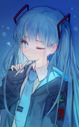 Rule 34 | 1girl, aqua eyes, aqua hair, aqua necktie, blue background, blue jacket, blush, closed mouth, collared shirt, commentary, film grain, hatsune miku, highres, holding, holding pen, jacket, long hair, looking at viewer, mihoranran, necktie, one eye closed, open clothes, open jacket, pen, shirt, solo, sweatdrop, twintails, upper body, vocaloid, white shirt