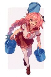 Rule 34 | 1boy, 1girl, astolfo (fate), astolfo (sailor paladin) (fate), black ribbon, blush, braid, braided ponytail, brown footwear, bucket, bucket on head, commentary request, echo (circa), fang, fate/grand order, fate (series), hair ribbon, holding, holding bucket, long hair, multicolored hair, neckerchief, object on head, official alternate costume, one eye closed, pink hair, pink neckerchief, pleated skirt, purple eyes, red sailor collar, red skirt, ribbon, sailor collar, school uniform, serafuku, shirt, shoes, short sleeves, simple background, skirt, smile, solo, standing, standing on one leg, streaked hair, thighhighs, trap, very long hair, white background, white hair, white shirt, white thighhighs