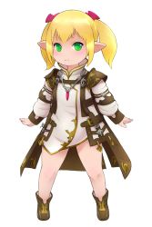 Rule 34 | 10s, 1girl, bare legs, blonde hair, boots, bow, coat, final fantasy, final fantasy xiv, green eyes, hair bow, jewelry, lalafell, pendant, pointy ears, smile, takatsuki kahiro, twintails, warrior of light (ff14)