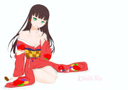 Rule 34 | 1girl, absurdres, artist name, artist request, bare shoulders, black hair, breasts, cleavage, female focus, flower print, full body, green eyes, hair ornament, hairclip, highres, japanese clothes, khk-rin, kimono, kurosawa dia, long hair, looking at viewer, love live!, love live! sunshine!!, medium breasts, mole, mole under mouth, parted lips, red kimono, sitting, solo, white background