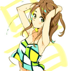 Rule 34 | 1girl, armpits, arms up, blush, brown hair, camisole, closed mouth, collarbone, green eyes, halterneck, lowres, original, solo, sweat, upper body, zpolice