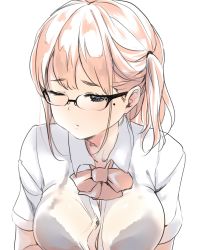 Rule 34 | 1girl, absurdres, black bra, black eyes, blonde hair, blush, bra, bra visible through clothes, bralines, breasts, commentary request, dyson (edaokunnsaikouya), glasses, highres, large breasts, looking at viewer, mole, mole under eye, one eye closed, original, see-through, shirt, short sleeves, side ponytail, solo, underwear, wet, wet clothes, wet shirt, white shirt