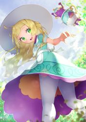 Rule 34 | 1girl, blonde hair, blunt bangs, braid, creatures (company), game freak, green eyes, hat, highres, lillie (pokemon), lillie (special costume) (pokemon), long hair, nintendo, official alternate costume, pantyhose, pokemon, pokemon (creature), pokemon masters ex, rindoriko, skirt, solo, sun hat, twin braids, white hat, white pantyhose