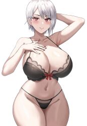 Rule 34 | 1girl, absurdres, arm up, bare arms, bare shoulders, bikini, black bikini, blush, breasts, cleavage, closed mouth, collarbone, commentary request, cowboy shot, grey hair, hand on own chest, highres, jasony, large breasts, looking at viewer, nail polish, nakiri alice, navel, paid reward available, red eyes, red nails, shokugeki no souma, short hair, simple background, smile, stomach, swimsuit, thighs, underwear, white background, wide hips