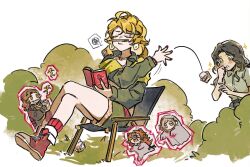 Rule 34 | 2girls, :o, ankle boots, anne (reverse:1999), blonde hair, blonney, blush, boots, bracelet, brown hair, bush, closed eyes, closed mouth, cross-laced footwear, crossed legs, director&#039;s chair, drawing (object), earrings, full body, green eyes, green jacket, green shorts, highres, holding, holding notebook, jacket, jewelry, lace-up boots, long hair, long sleeves, multiple girls, notebook, official art, on chair, pen, pencil as mustache, red footwear, red socks, reverse:1999, shirt, shorts, sitting, socks, sonetto (reverse:1999), sparkle, spoken squiggle, squiggle, throwing, tooth fairy (reverse:1999), vertin (reverse:1999), white background, white shirt, wrapping paper, yuri