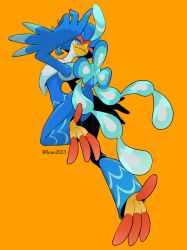 Rule 34 | aqua eyes, closed mouth, commentary request, creatures (company), full body, game freak, highres, koso2023, leg up, looking down, nintendo, orange background, pokemon, pokemon (creature), quaquaval, simple background, smile, solo, twitter username