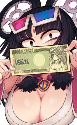 Rule 34 | 1girl, 3d glasses, bags under eyes, banknote, bead necklace, beads, bindi, black eyes, black hair, blunt bangs, blush, breast lift, breasts, cleavage, commentary request, company logo, covered mouth, detached sleeves, eiga daimyoujin, eyeshadow, eyewear on head, film reel, gashi-gashi, hands up, holding, holding money, jewelry, large breasts, long hair, looking at viewer, makeup, money, mudra, multicolored eyes, necklace, original, red eyeshadow, scoop neck, simple background, sleeveless, solo, upper body, vitarka mudra, warner bros, white background, wide-eyed, wide sleeves, yen